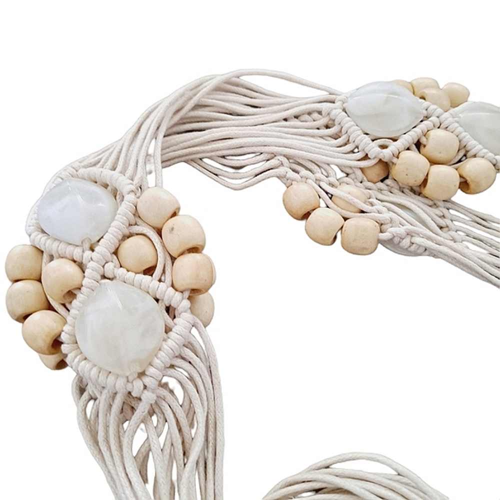 Boho fringe beaded tassel woven macrame wide waist adjustable tie belt statement